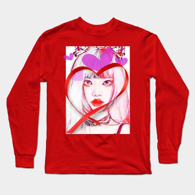 Young Asian Girl face framed in red ribbon heart Long Sleeve T-Shirt by PersianFMts